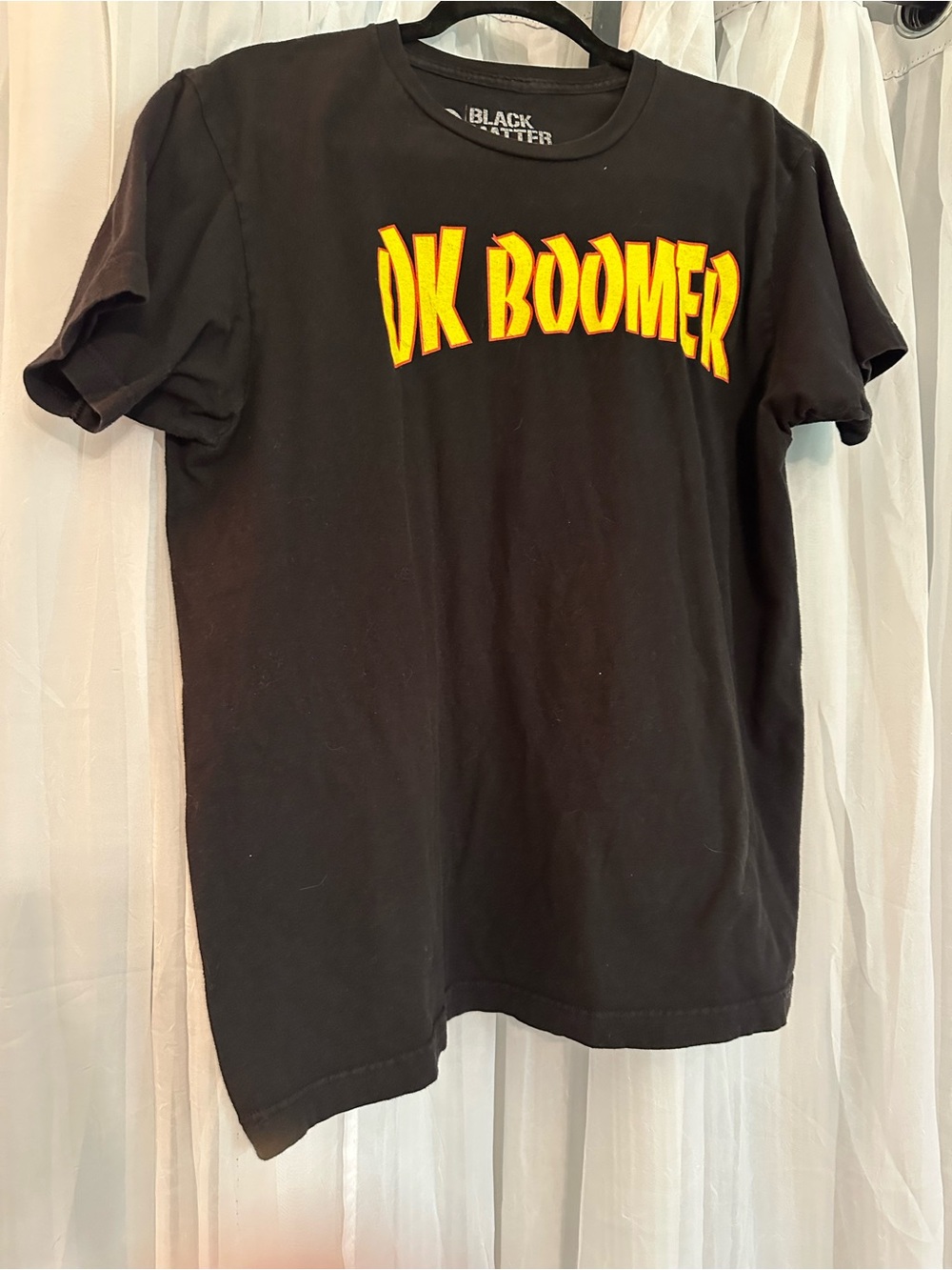 Black Matter Black Tee with Yellow-Orange "OK BOOMER" Graphic